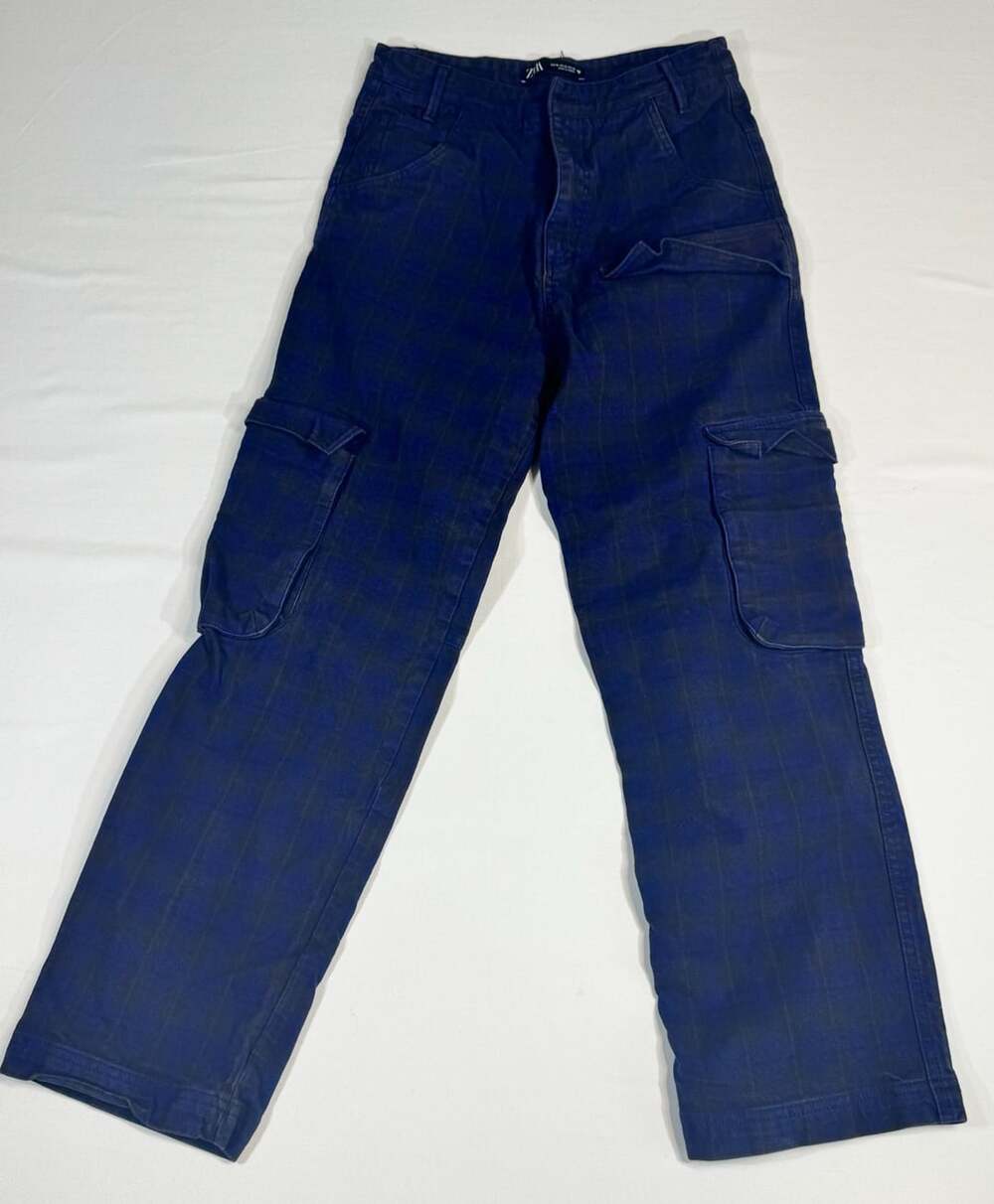 Zara Cargo Pants Size M Blue Checked Denim Utility Jeans
